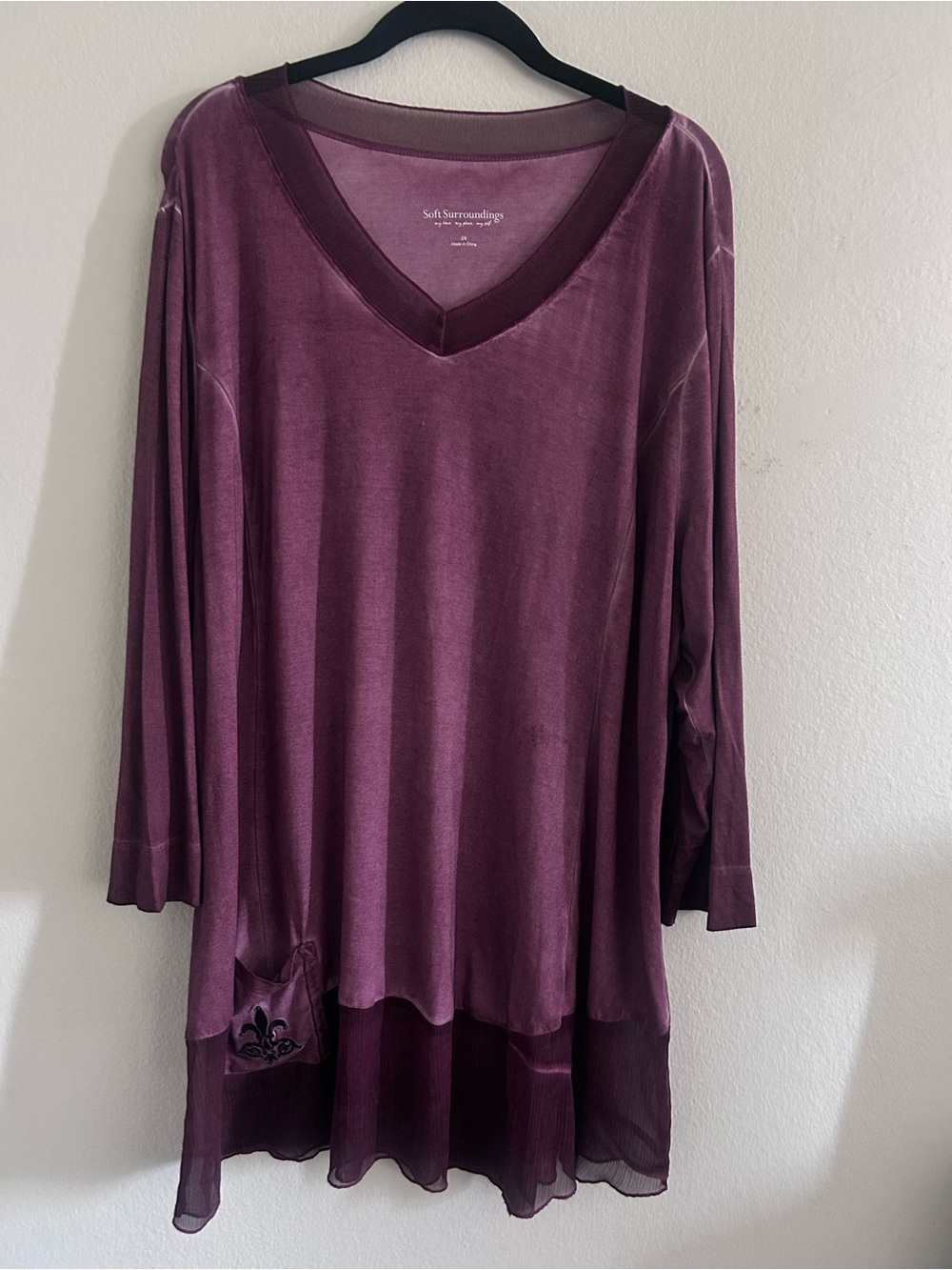 Soft Surroundings Boho V-Neck Tunic Sheer Hem Fleur De Lis 2X Cottagecore Gothic